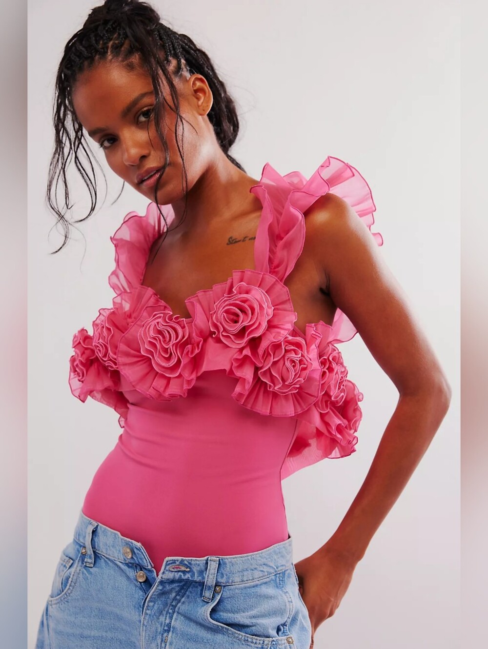 Free People Until Next Time Bodysuit, Hot Pink, 3D Floral, Sleeveless, XS - Picture 1 of 13